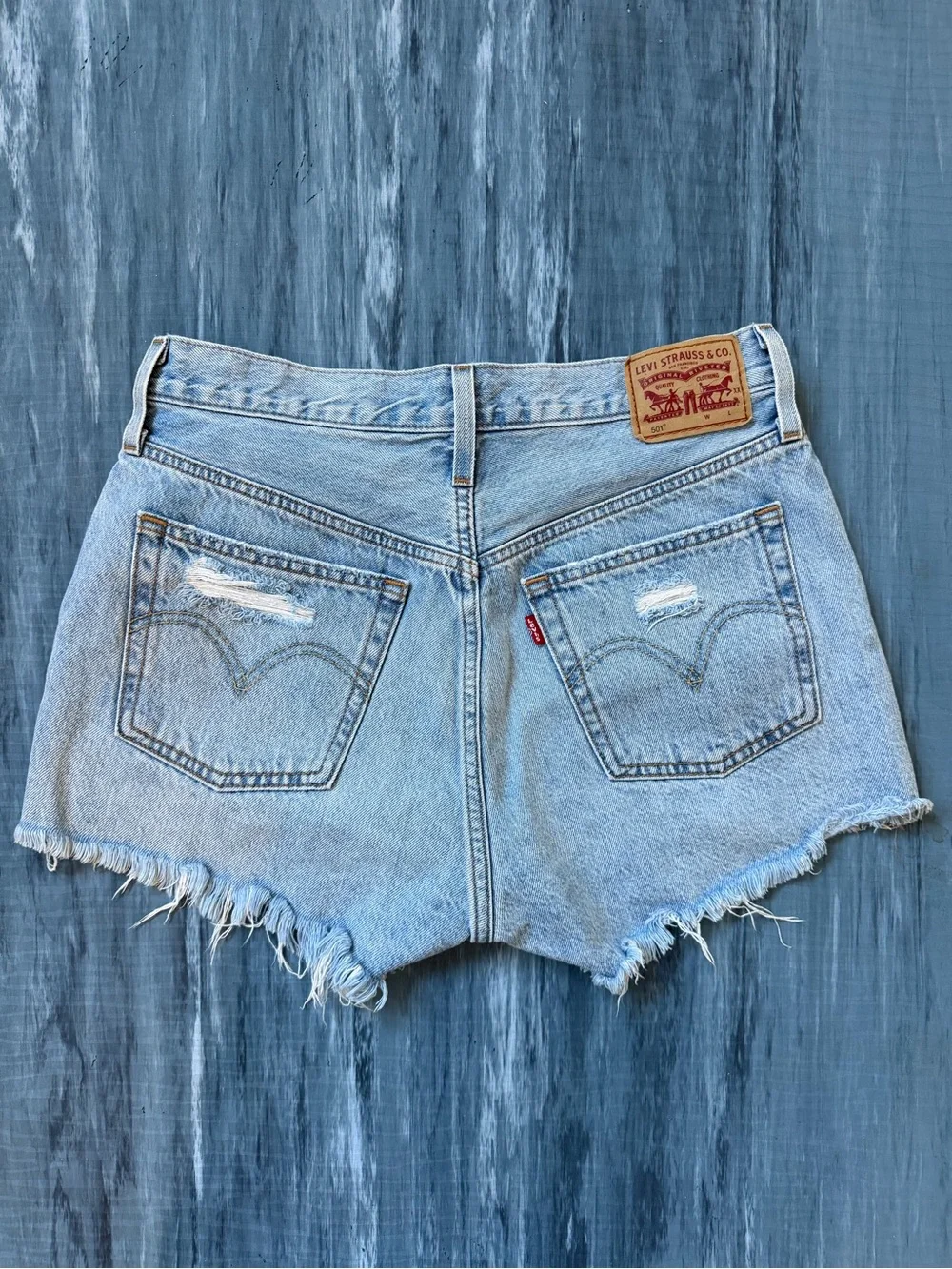 Levi's Light Blue Distressed High-Rise Denim Shorts - Picture 3 of 4